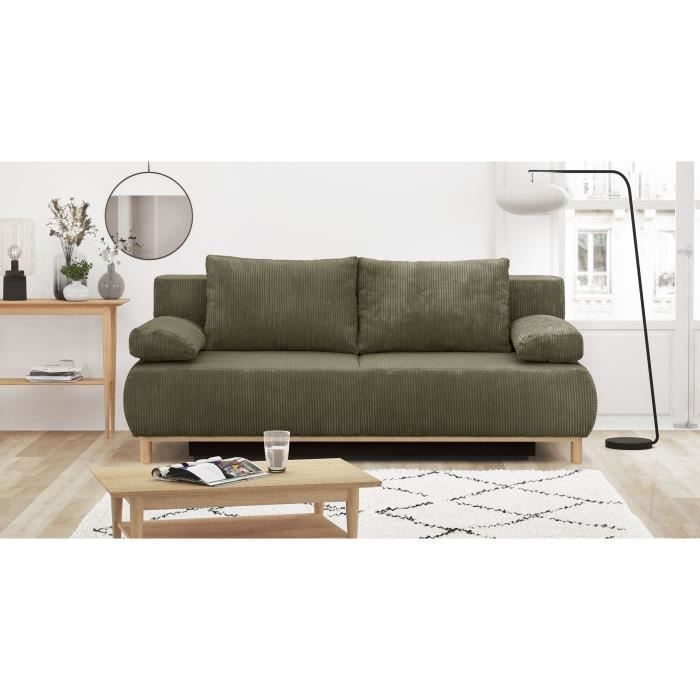 Banquette convertible 3 places MIKA - Velours côtelé vert kaki - Coffre de rangement - L 192 x H 84 x P 93 cm