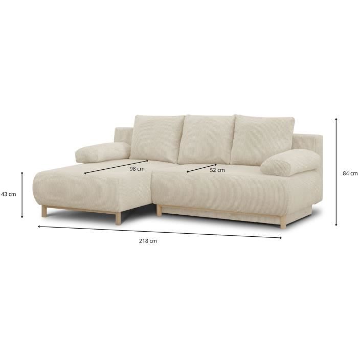 Canapé d'angle gauche convertible MIKA 3 places - Velours côtelé beige - Coffre de rangement - L218 x P98/145 x H84 cm