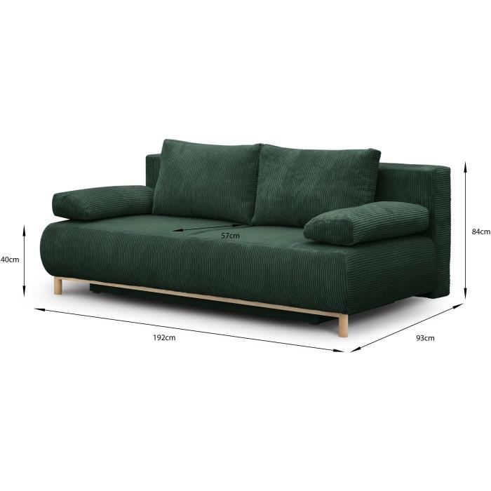 Banquette convertible 3 places MIKA - Velours côtelé Vert foret - Coffre de rangement - L 192 x H 84 x P 93 cm