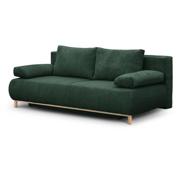 Banquette convertible 3 places MIKA - Velours côtelé Vert foret - Coffre de rangement - L 192 x H 84 x P 93 cm