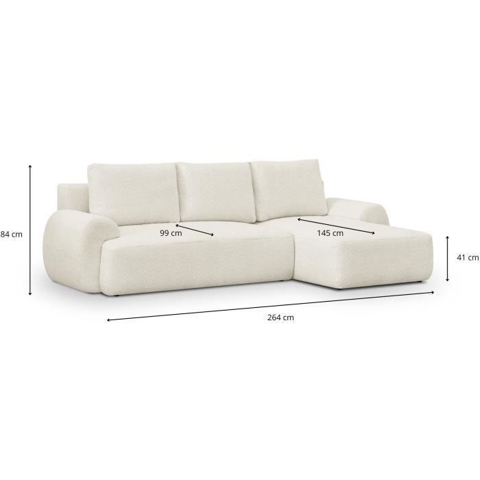 Canapé d'angle droit convertible 3 places MILO - Tissu bouclette beige clair - Coffre de rangement - L 264 x H 84 x P 99/145 cm