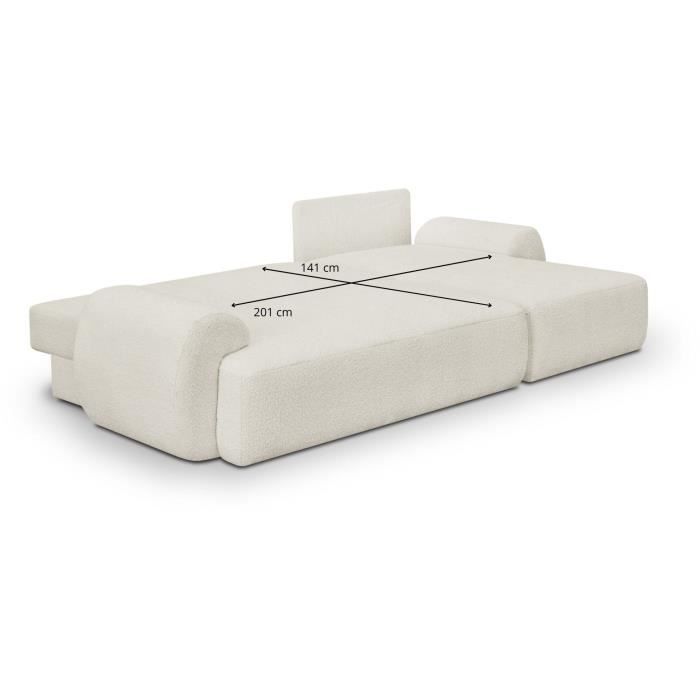 Canapé d'angle droit convertible 3 places MILO - Tissu bouclette beige clair - Coffre de rangement - L 264 x H 84 x P 99/145 cm