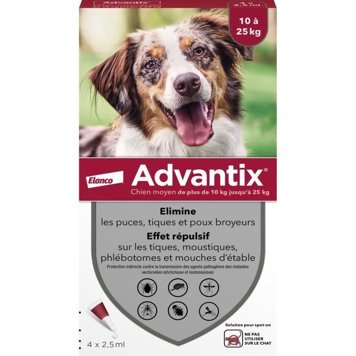 ADVANTIX Chien Solution Antiparasitaire Race Moyenne 10 a 25kg 4 pipettes