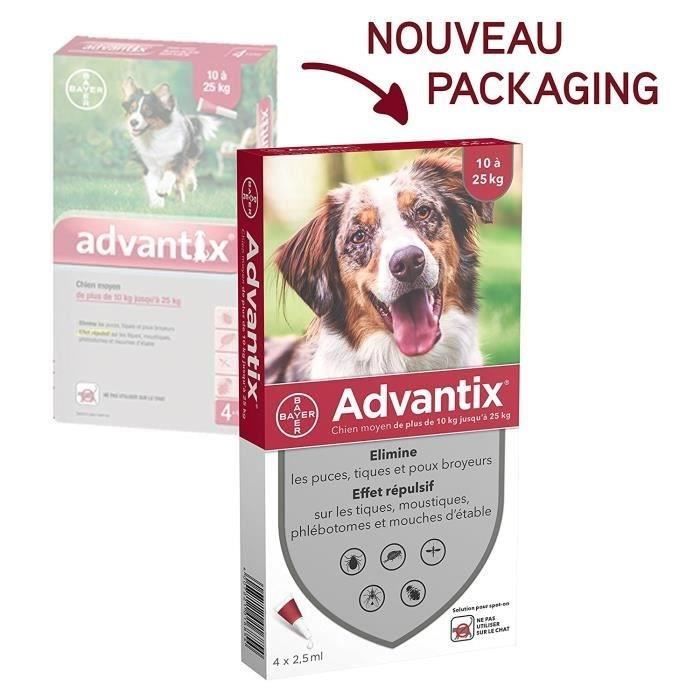 ADVANTIX Chien Solution Antiparasitaire Race Moyenne 10 a 25kg 4 pipettes