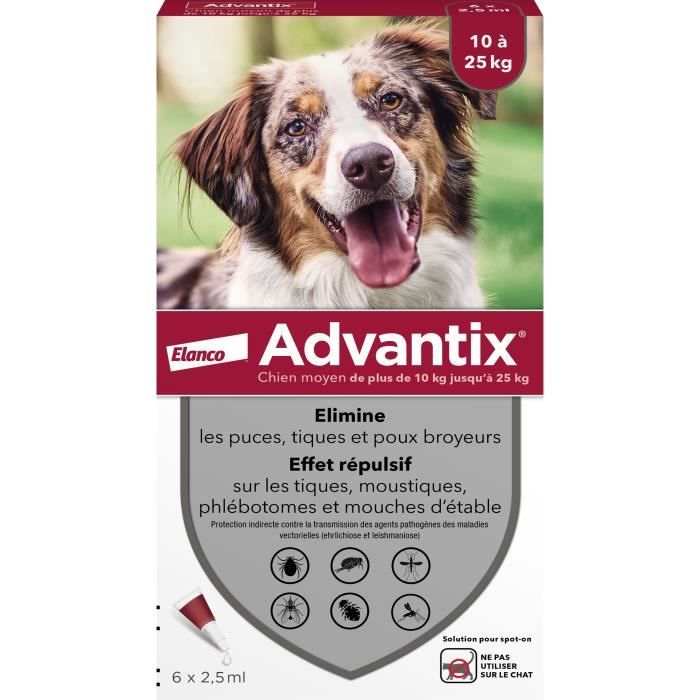 ADVANTIX Chien Solution Antiparasitaire Race Moyenne 10 a 25kg 6 pipettes