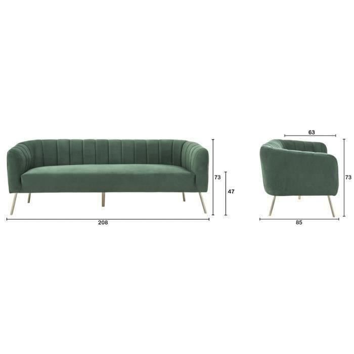 Canapé rétro - 3 places - Velours bleu vert - Style chic - L 207 x P 87 x H 77 cm - MATHIS - Structure bois massif