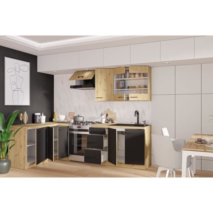 MODENA - Cuisine complete - 270 x 150 cm - Chene artisan / Noir mat - Plan de travail non inclus