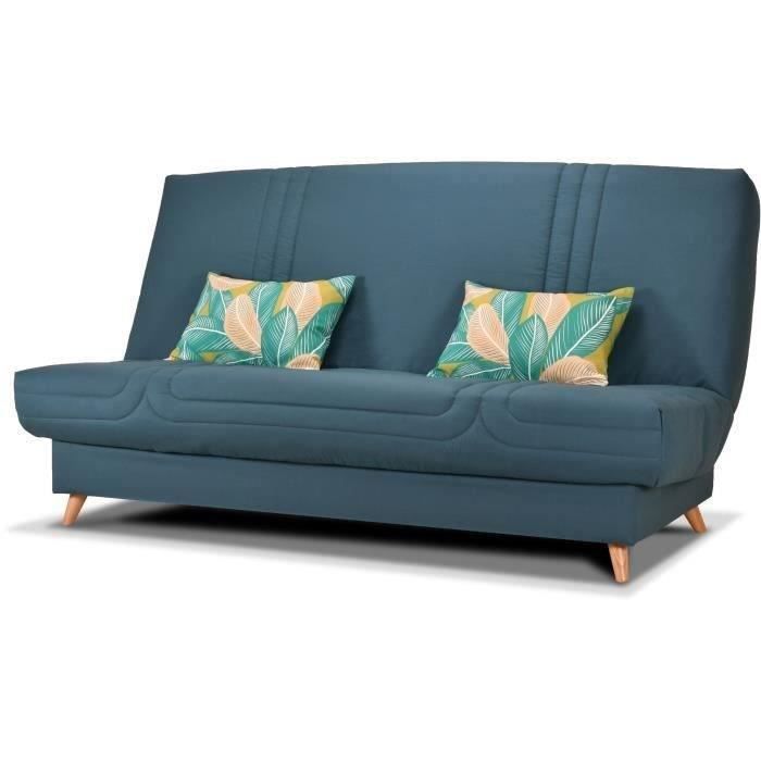 COMFORT BULTEX Banquette clic - Tissu bleu + Coussins déco jungle - L193 x P95 x H101- MONA