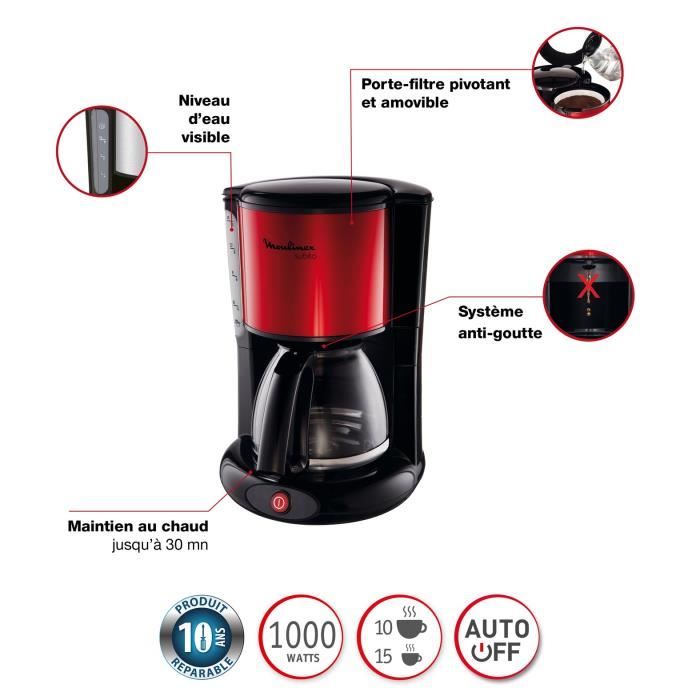 MOULINEX Subito Cafetiere filtre Rouge, 1,25L, 10-15 tasses, Porte-filtre pivotant FG360D11