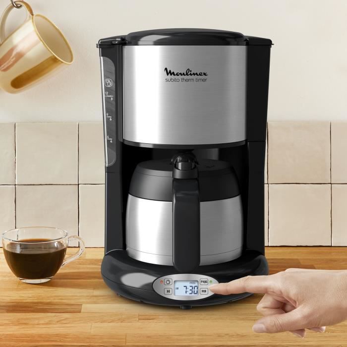 MOULINEX Subito Cafetiere filtre isotherme, 0,9 L, Jusqu'a 12 tasses, Programmable 24 h, Arret automatique, Anti-gouttes FT362811