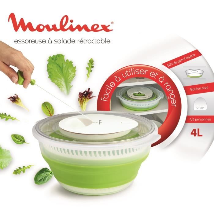 MOULINEX Essoreuse a salade rétractable 4 L, Base antidérapante, Systeme de tirage par cordon, Bouton d'arret, Vert/Blanc K2530104