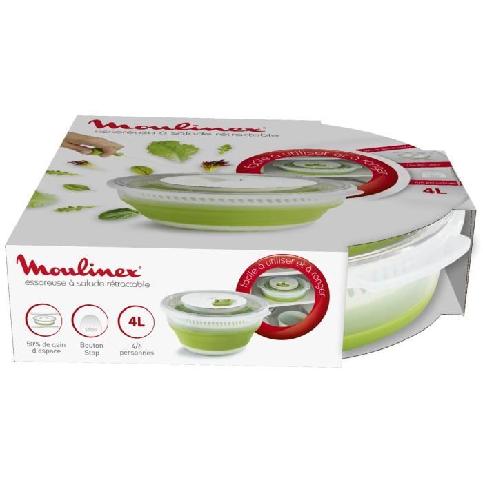 MOULINEX Essoreuse a salade rétractable 4 L, Base antidérapante, Systeme de tirage par cordon, Bouton d'arret, Vert/Blanc K2530104