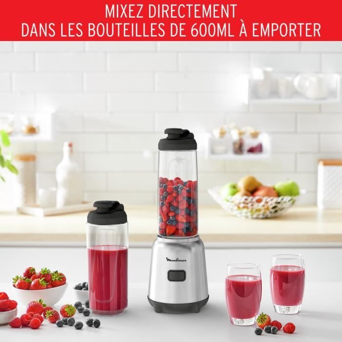 MOULINEX Blender mixeur, 300 W, 2 bouteilles Tritan a emporter, 4 lames amovibles, Compact, Smoothies, Application dédiée LM15FD10