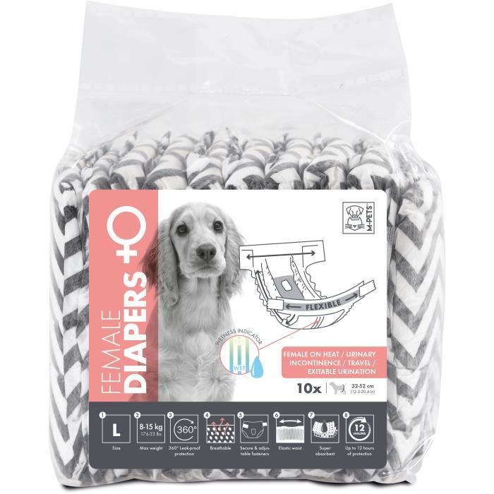 Couches pour chien - M PETS - DIAPERS Femelle L x10 - Tour de taille 32-52 cm - 8-15 kg - Indicateur d'humidité - 12h protection