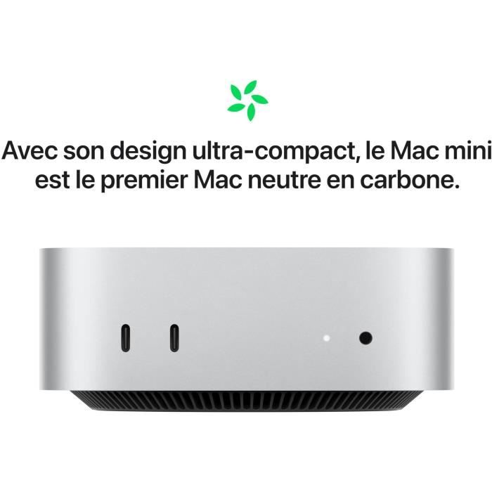 Apple - Mac mini (2024) Puce Apple M4  - RAM 16Go - Stockage 256Go SSD - CPU 10 coeurs GPU 10 coeurs - Argent