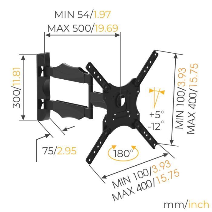 NANOOK Support Mural orientable pour téléviseurs 32-55 Pouces - Inclinable - Support Mural pour téléviseurs LCD, LED, QLED et OLED