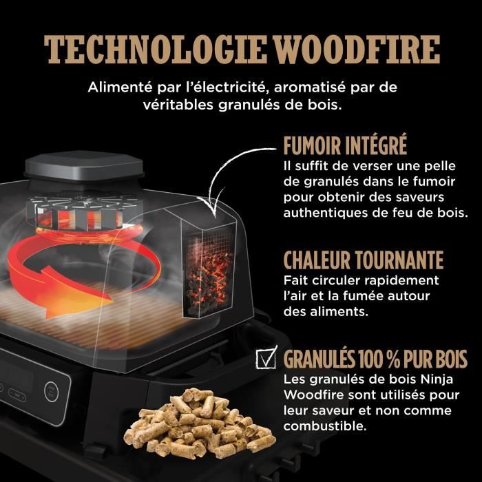 Barbecue électrique - NINJA - Woodfire - OG701EU - Grill, fumoir & air fryer - Antiadhésif - Gris et noir