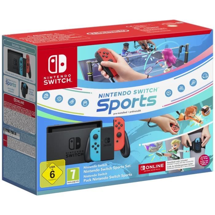 Console Nintendo Switch - Bleu Néon & Rouge Néon + Nintendo Switch Sports (Pré-installé) + 12 mois d'abonnement NSO (Code)