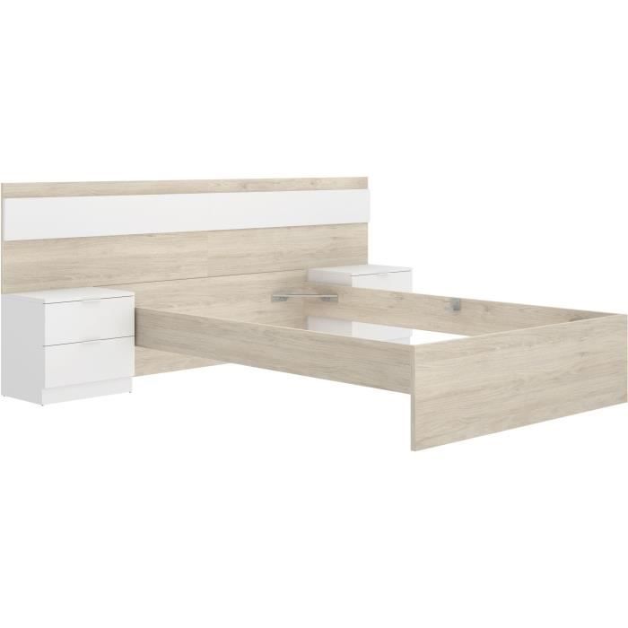 Ensemble structure de lit + tete de lit et 2 tables de nuit - NIZA - 140 x 190 cm - Chene naturel / Blanc