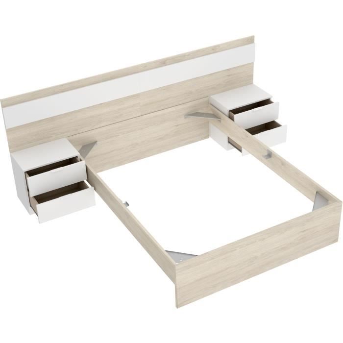 Ensemble structure de lit + tete de lit et 2 tables de nuit - NIZA - 140 x 190 cm - Chene naturel / Blanc