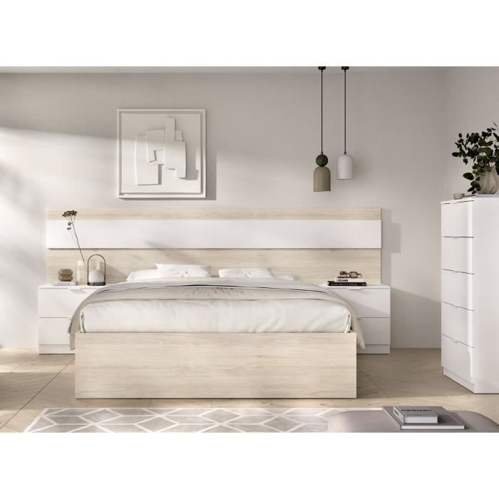 Ensemble structure de lit + tete de lit et 2 tables de nuit - NIZA - 140 x 190 cm - Chene naturel / Blanc