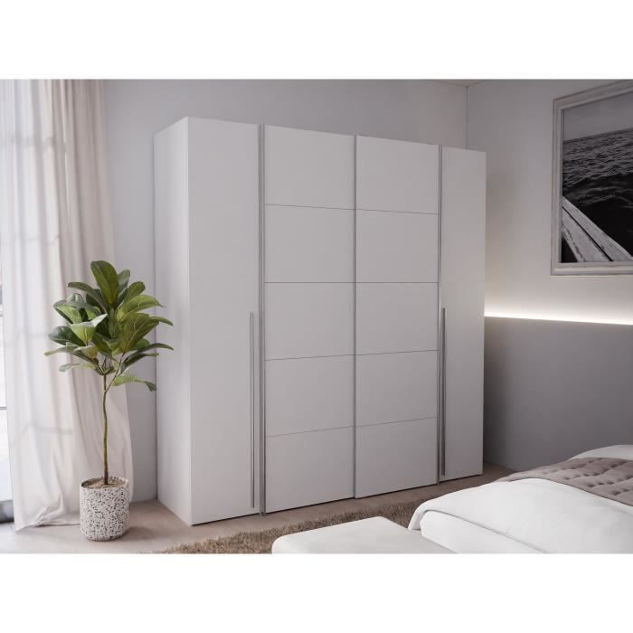 Armoire NARAGO - Décor Blanc mat - 2 portes coulissantes + 2 portes battantes + 2 penderies - L200 x P61 x H210 cm