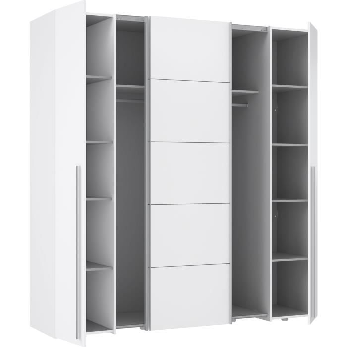 Armoire NARAGO - Décor Blanc mat - 2 portes coulissantes + 2 portes battantes + 2 penderies - L200 x P61 x H210 cm