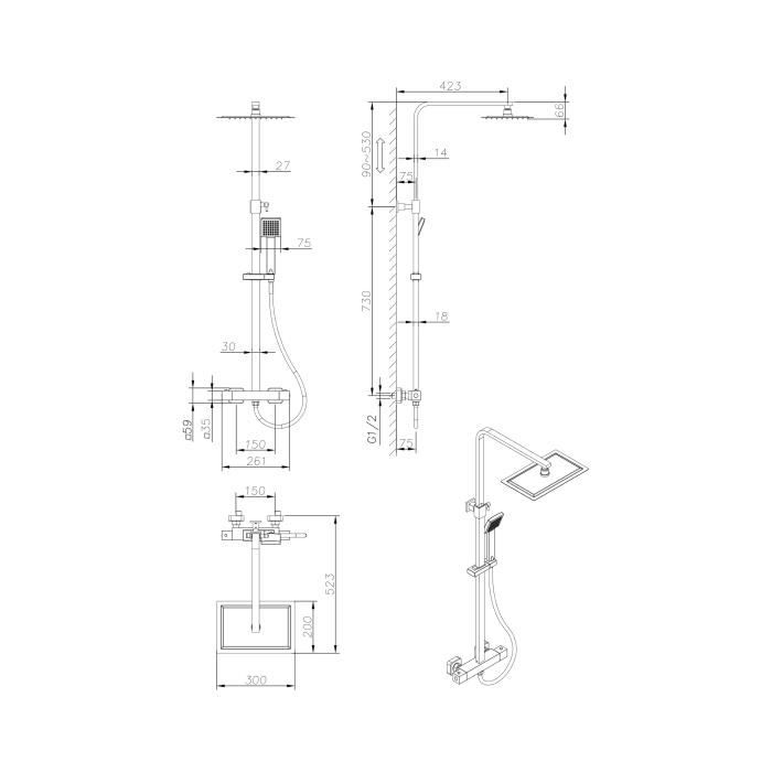 Colonne de douche OCEANIC - Mitigeur thermostatique - Pomme haute rectangle 30x20 cm - Chrome