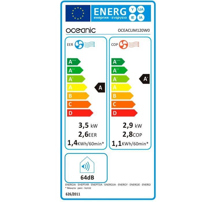 Climatiseur monobloc réversible mobile OCEANIC - 3530 W - 12000 BTU - Chaud/Froid - Programmable - Classe énergétique A