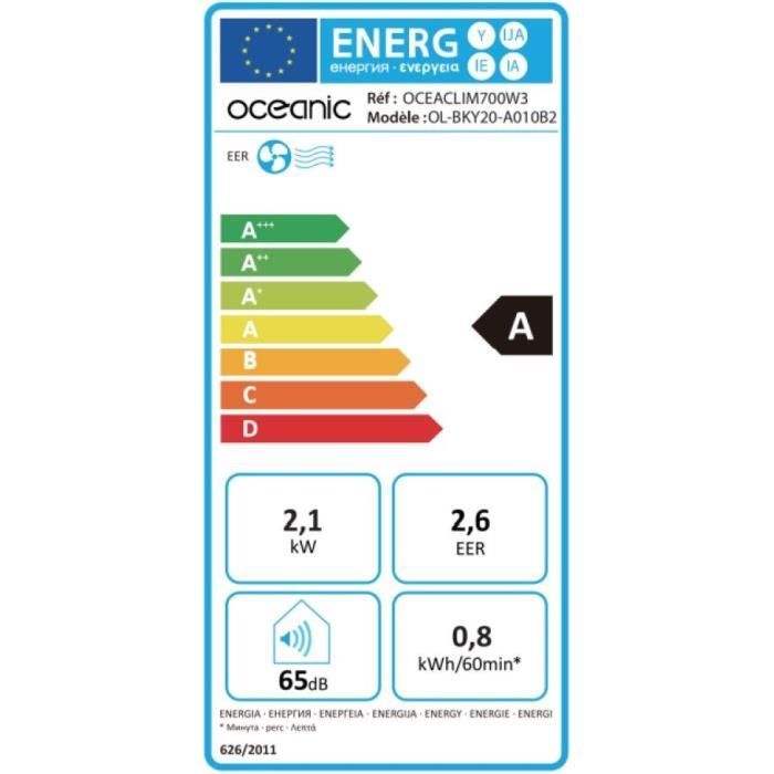 Climatiseur mobile OCEANIC - 7000 BTU  - 2050W - Déshumidificateur - Programmable - Classe énergétique A - Monobloc - Kit de fenetre