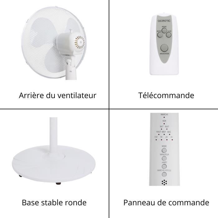 OCEANIC Ventilateur de pied - 45 W - Ø 44 cm - 3 vitesses - Oscillant - Inclinable - Blanc