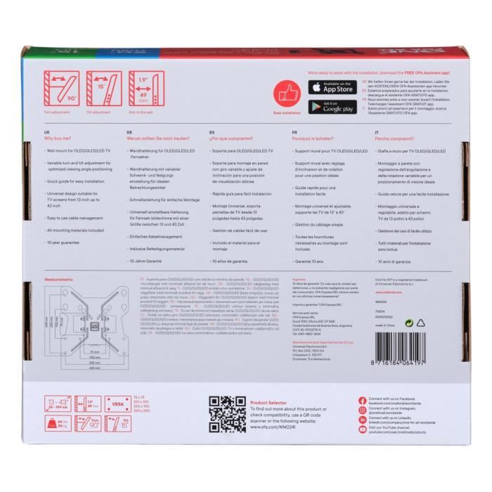 ONE FOR ALL WM2241 Support mural avec réglage d'inclinaison et de rotation (90°) pour TV de 13 a 43 (33 a 109cm) - Poids max : 30kg