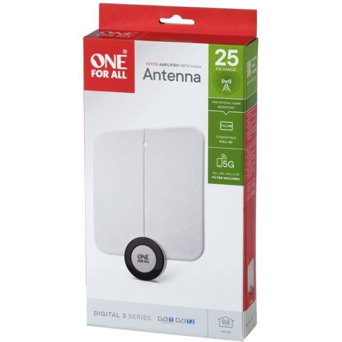 Antenne TV Intérieure ONE FOR ALL SV9215 Design Line amplifiée, ultra plate, placement possible derriere la TV, filtre 5G