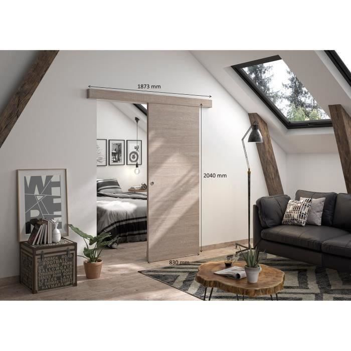 OPTIMUM - Kit porte coulissante + rail + bandeau Vérone - H.204xL.83xP.4 cm - Chene taupe