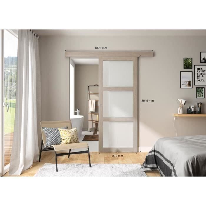 OPTIMUM - Kit porte coulissante 3 carreaux + rail + bandeau Vérone - H.204 x L.83 x P.4 cm - Chene taupe