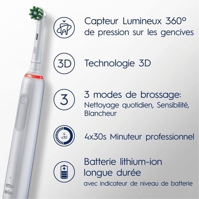 Brosse a dents électrique ORAL-B Pro 3 - 3 brossettes incluses - blanc - sans fil