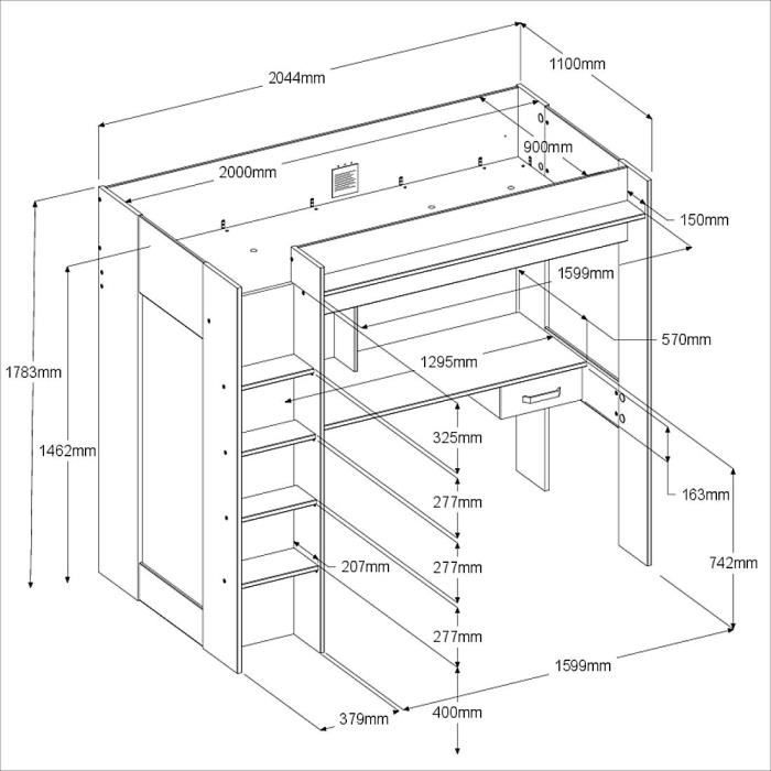 Lit mezzanine enfant PARISOT HIGH - Chene et blanc - Sommier inclus - 90 x 200 cm