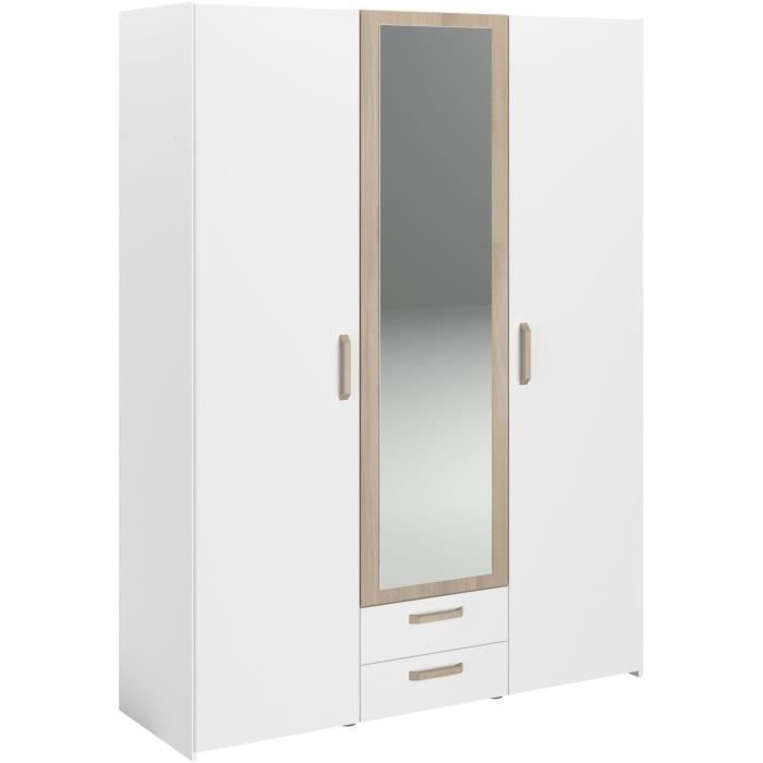 Armoire DREAM 3 portes - Panneau de particules - Miroir - Décor blanc - L150 x H200 x P52 cm