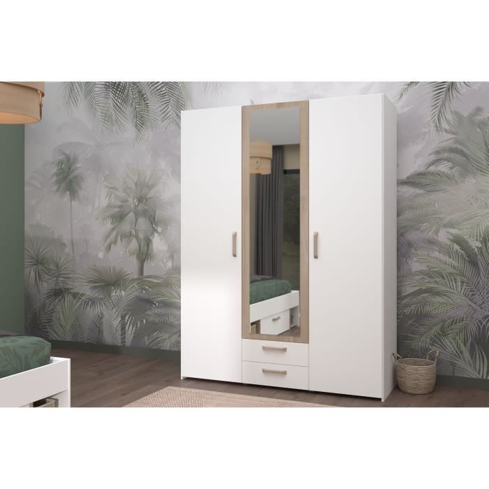 Armoire DREAM 3 portes - Panneau de particules - Miroir - Décor blanc - L150 x H200 x P52 cm