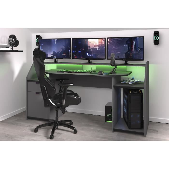 Bureau gamer Gaming - Panneaux de particules - Gris ombre et noir - L 180 x P 67 x H 92 cm - PARISOT