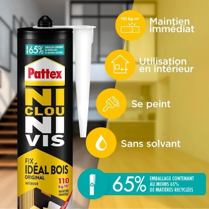 PATTEX Ni clou ni vis Fix Idéal Bois- Lot de 2 cartouches 380g + 1 gratuite