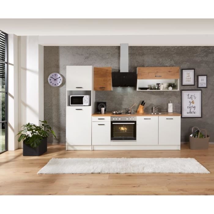 Cuisine complete PREGO - L 263 cm - Décor Blanc et Chene - Plan de travail 203 cm inclus