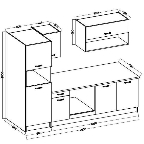 Cuisine complete PREGO - L 263 cm - Décor Blanc et Chene - Plan de travail 203 cm inclus