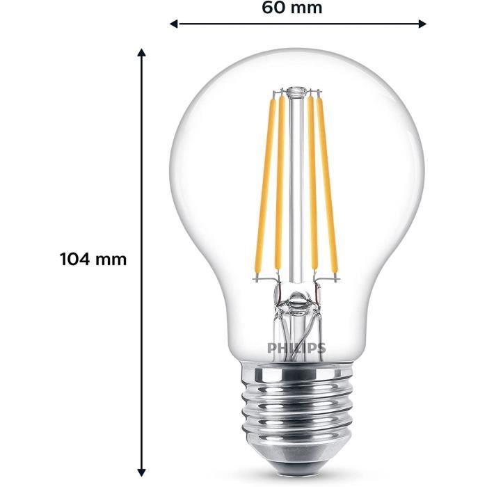 Philips, pack de 6 ampoules E27 LED transparentes 60W, blanc chaud