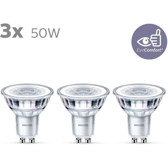 Ampoules LED GU10 Philips - Pack de 3 - 50W - Blanc chaud - Éclairage intérieur