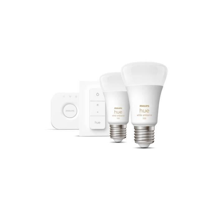 Philips Hue - Kit démarrage ampoule LED connectée White - 10,5W - Lot 2 E27 - Télécommande Hue