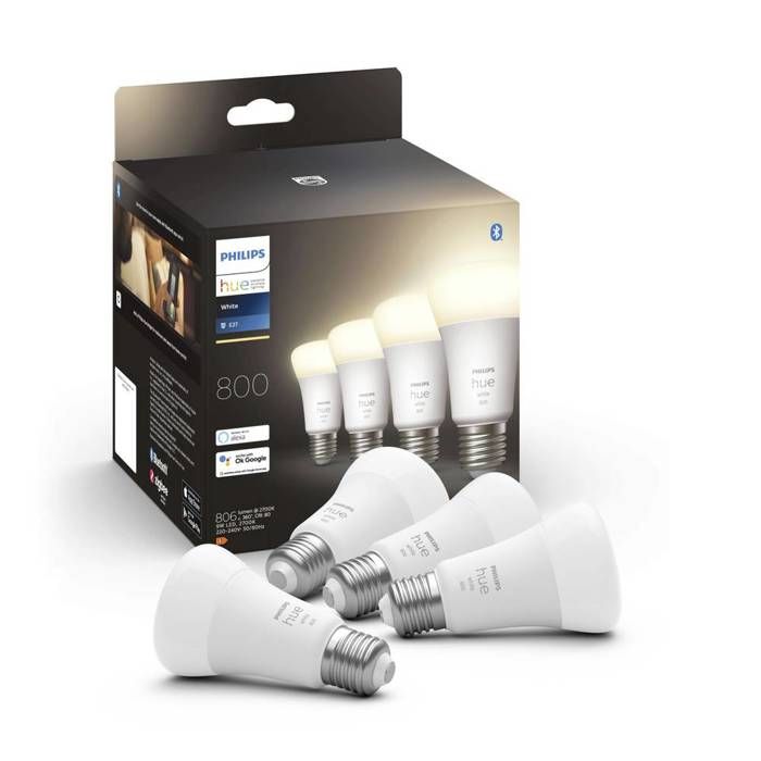 Philips Hue White, ampoule LED connectée E27, équivalent 60W, 800 lumen, compatible Bluetooth, Pack de 4