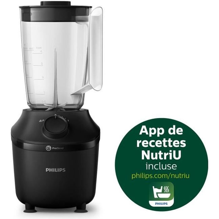 PHILIPS Blender Daily HR2041/41, 450W, 4 lames ProBlend 4, Bol plastique de 1,9L, Gourde, 1 vitesse + pulse, Noir