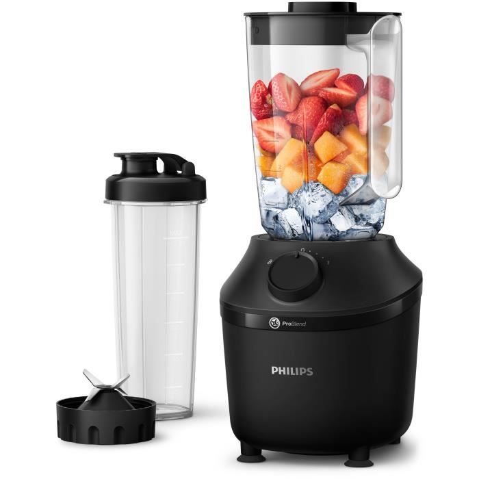 PHILIPS Blender Daily HR2041/41, 450W, 4 lames ProBlend 4, Bol plastique de 1,9L, Gourde, 1 vitesse + pulse, Noir