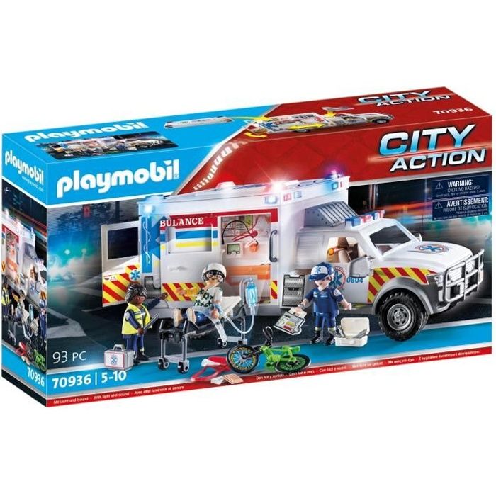 PLAYMOBIL 70936 Ambulance américaine avec secouristes et blessé, City Action, Les Secouristes